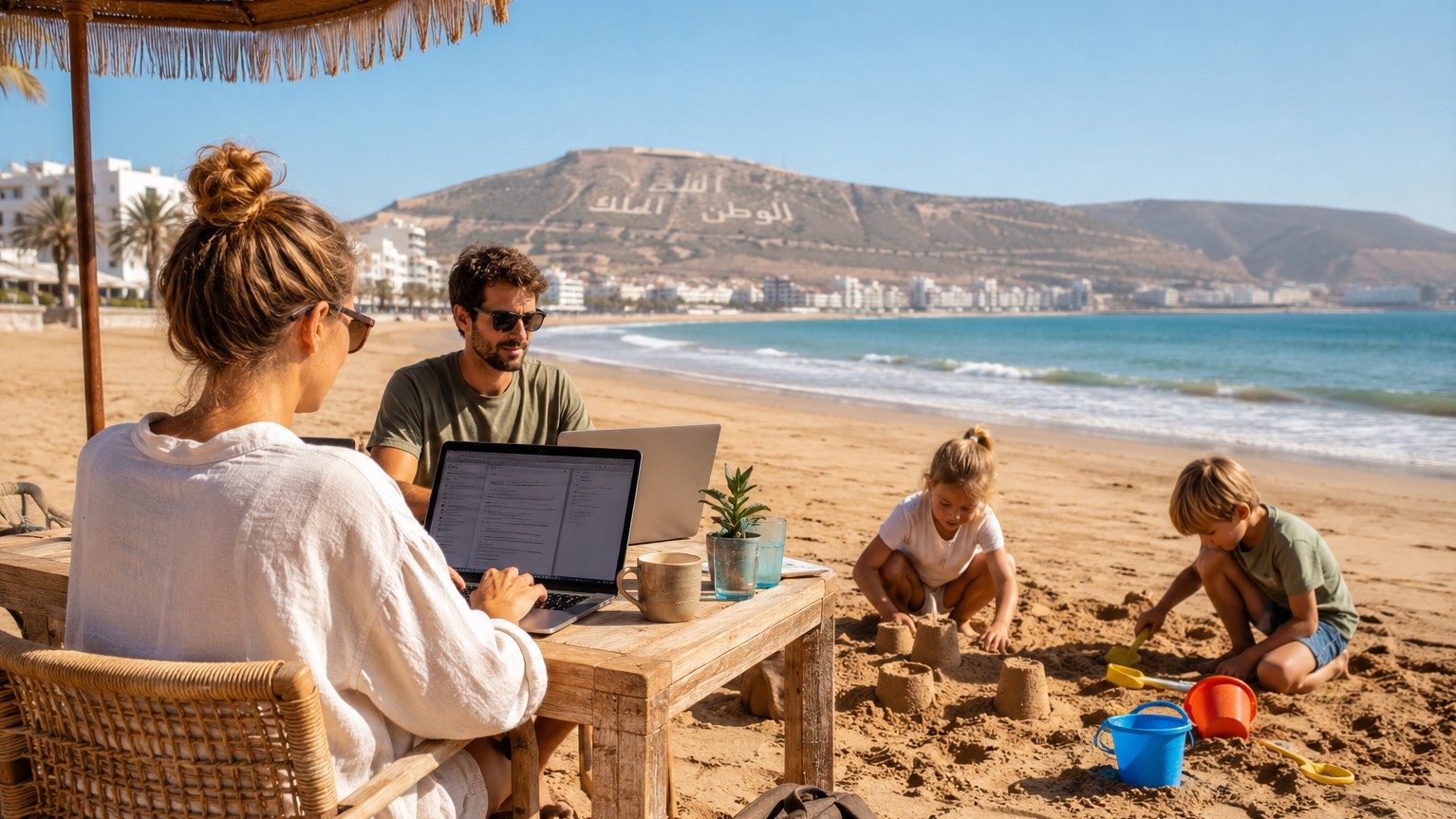 Familie am Atlantikstrand bei Agadir – Eltern arbeiten remote, während die Kinder im Sand spielen, bei einer Familien-Workation in Marokko.
